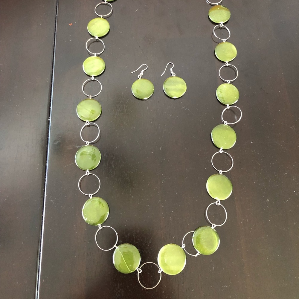 Olive green long necklace and earrings